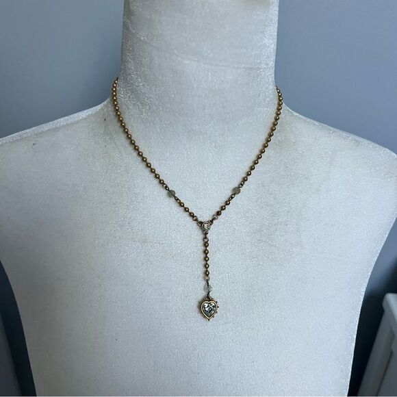 Gold tone beaded sparkle heart pendant necklace - Picture 2 of 6